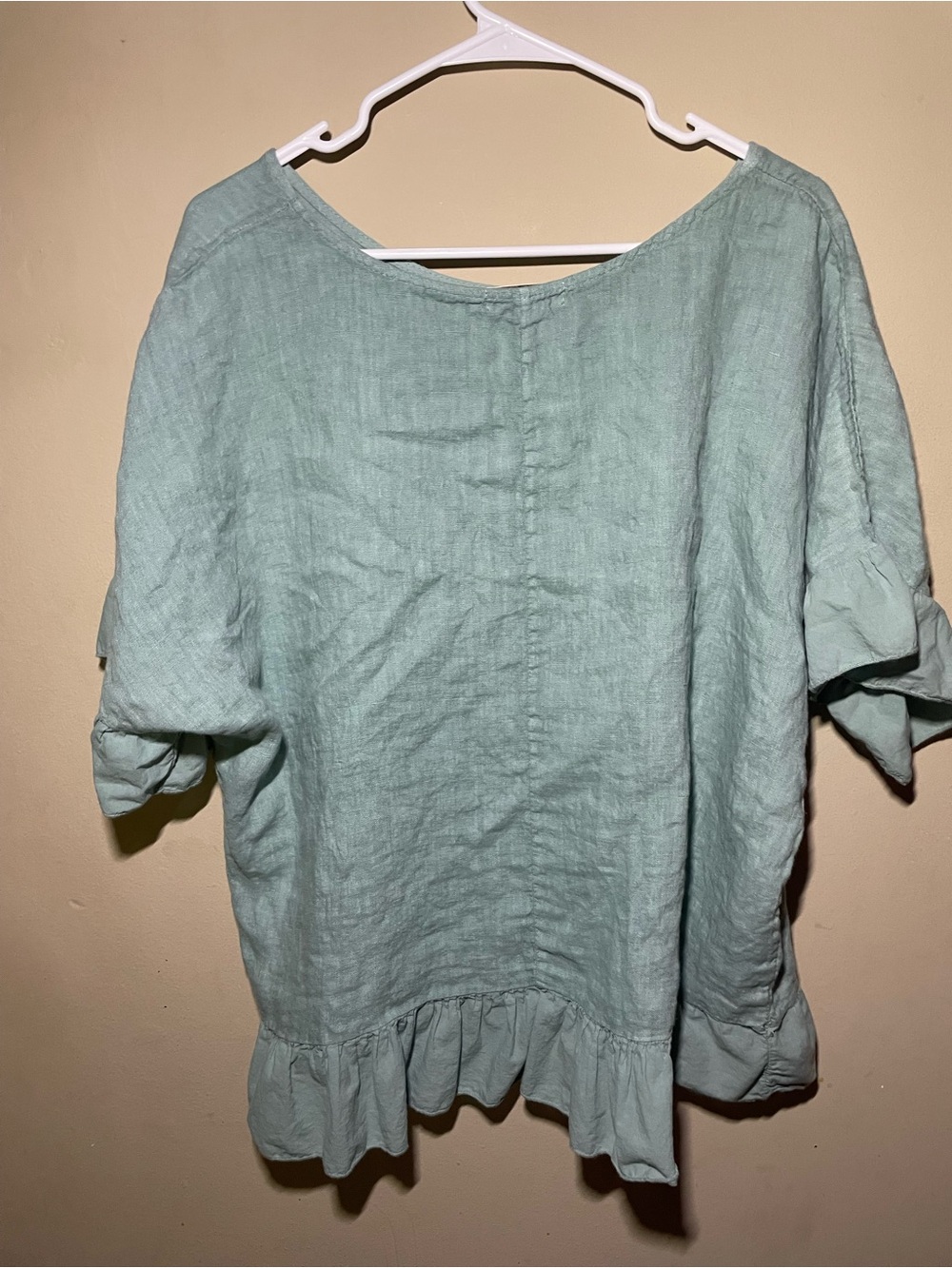 Made in Italy Linen Ruffle Hem Top Size L Sage Green Boho Coastal Cottagecore - Picture 2 of 5